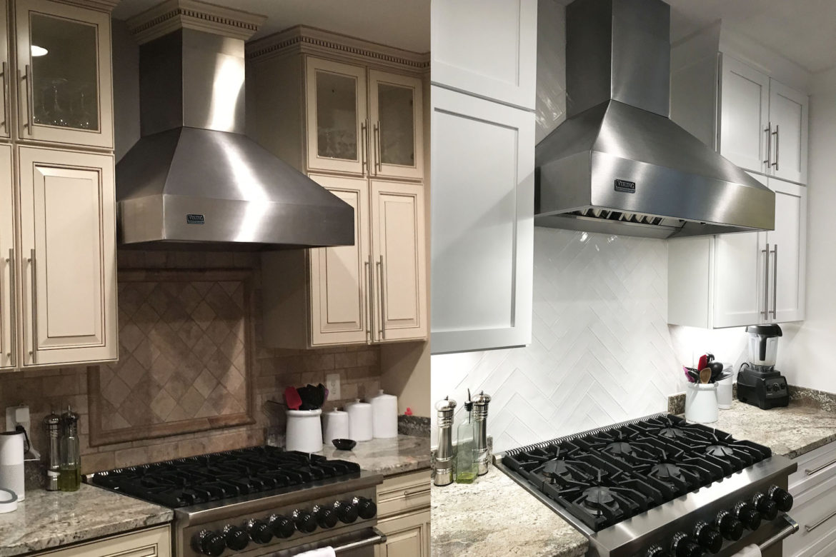 Close up shot of kitchen remodel in Arlington with ivory cabinets and new vent